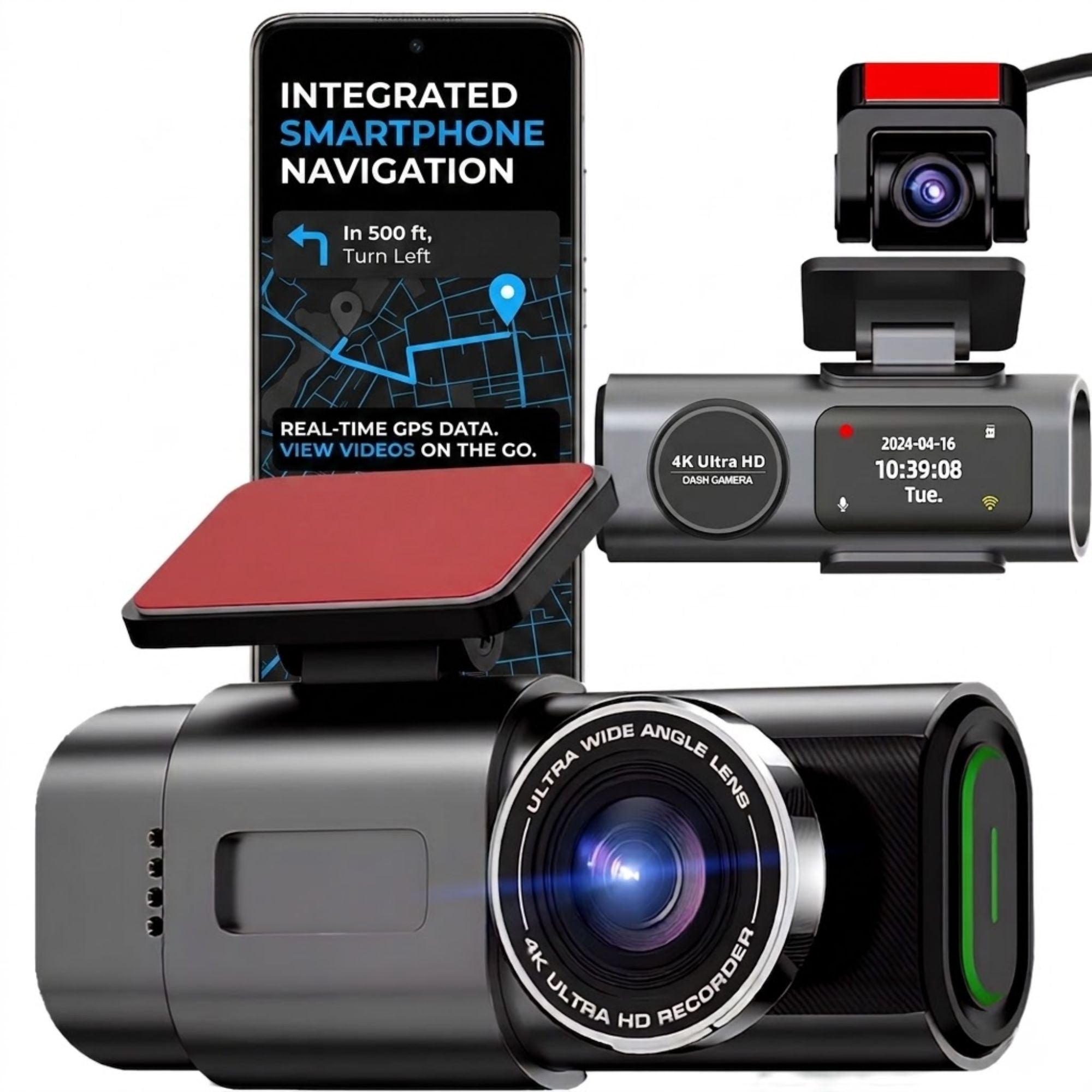 A black and silver dash cam with a red mounting bracket, shown alongside a rear backup camera, a smartphone displaying integrated smartphone navigation, and a close-up of the front lens. The products are arranged on a clean white background.