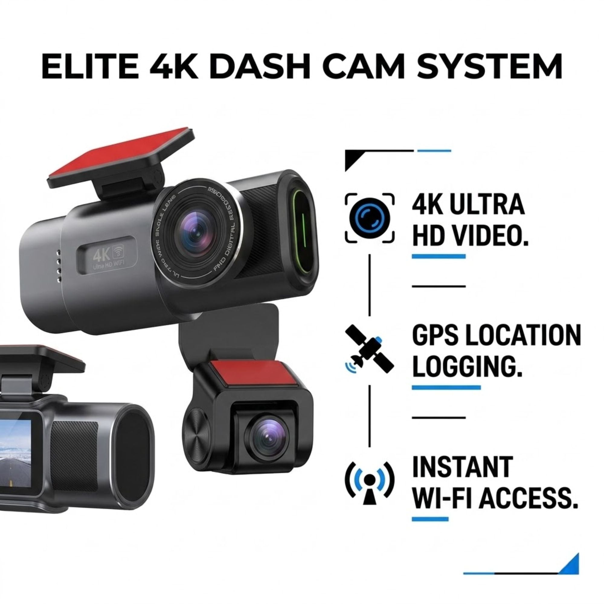 Black 4K dash cam system shown on a white background with marketing text and icons for 4K ultra HD video, GPS location logging, and instant Wi-Fi access.