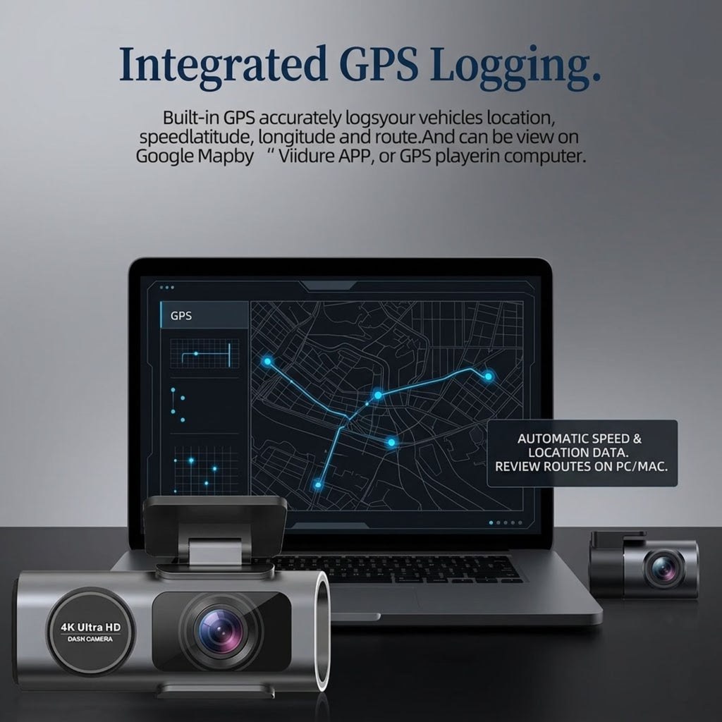 An integrated GPS logging camera system shown with a laptop displaying a GPS map and route on screen, plus two camera units in the foreground. Text at the top reads 'Integrated GPS Logging' and describes location logging and viewing on a Google Maps or Viidure APP or GPS player computer.