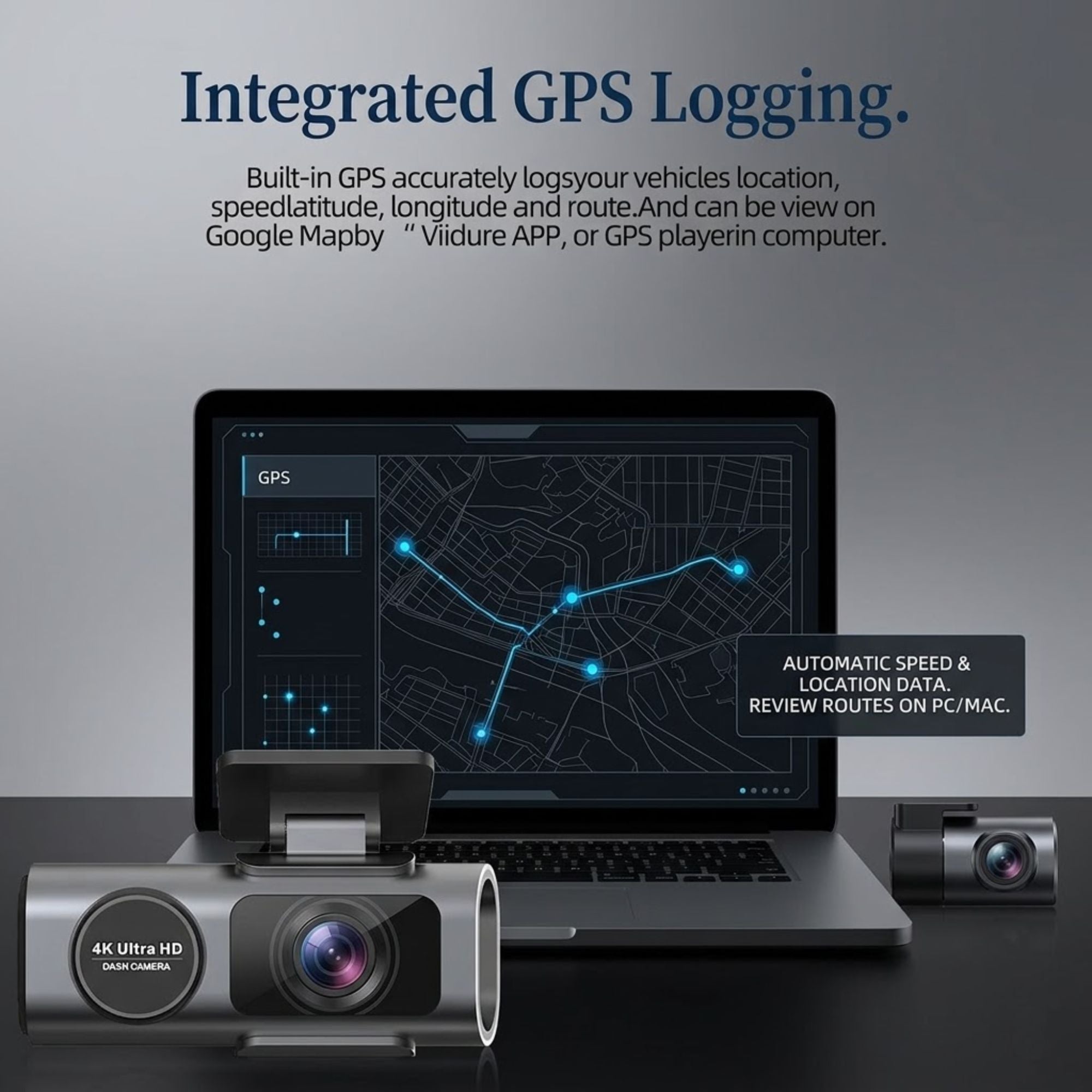 An integrated GPS logging camera system shown with a laptop displaying a GPS map and route on screen, plus two camera units in the foreground. Text at the top reads 'Integrated GPS Logging' and describes location logging and viewing on a Google Maps or Viidure APP or GPS player computer.