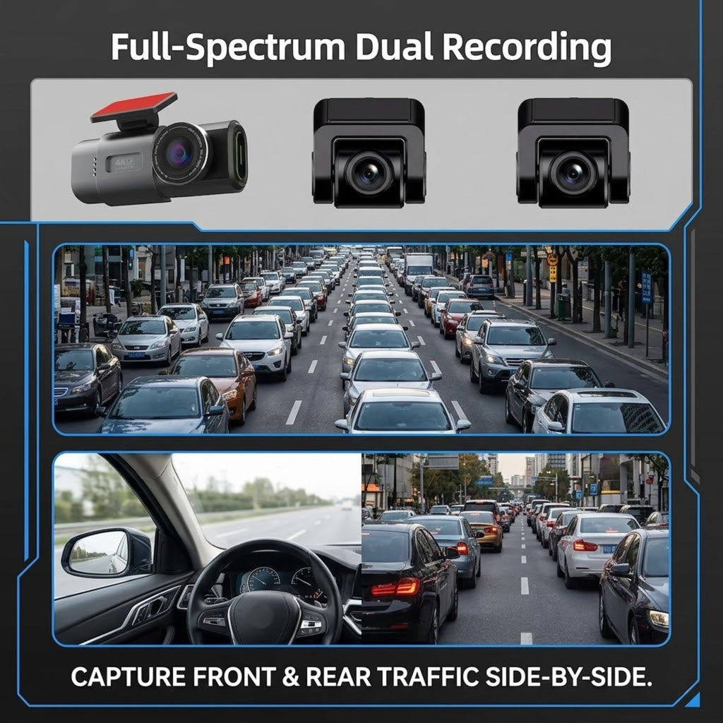 Promotional graphic for a dual recording dashcam set, showing three camera views at the top and two side-by-side traffic scenes labeled 'Full-Spectrum Dual Recording' and 'CAPTURE FRONT & REAR TRAFFIC SIDE-BY-SIDE.'.