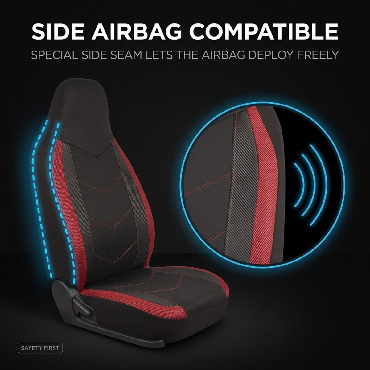 Side airbag compatible Sport Mesh Car Seat Cover with a special side seam that lets the seat airbag deploy freely