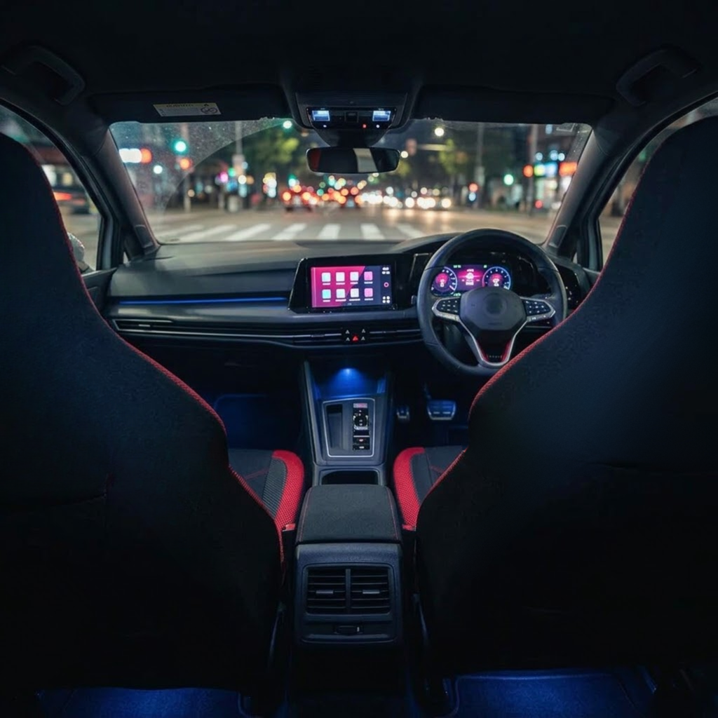 Rear view of black and red Sport Mesh Car Seat Covers fitted to front seats in a car interior at night