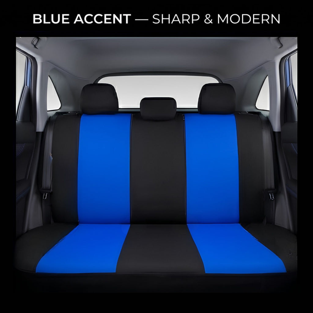 Car seat covers installed on a three-seat vehicle rear bench, featuring bold blue and black vertical stripe panels. The image includes a black header at the top with the text 'BLUE ACCENT — SHARP & MODERN'.