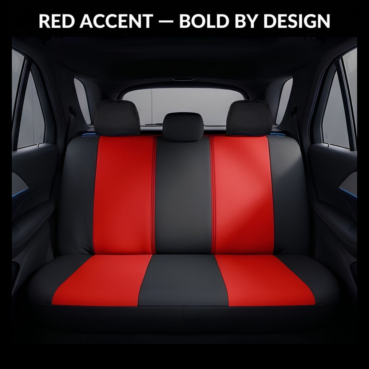 Car seat covers installed on a three-seat vehicle rear bench, featuring a bold red and black striped pattern. The image is set inside a car interior with a black background, and text at the top reads 'RED ACCENT — BOLD BY DESIGN'.