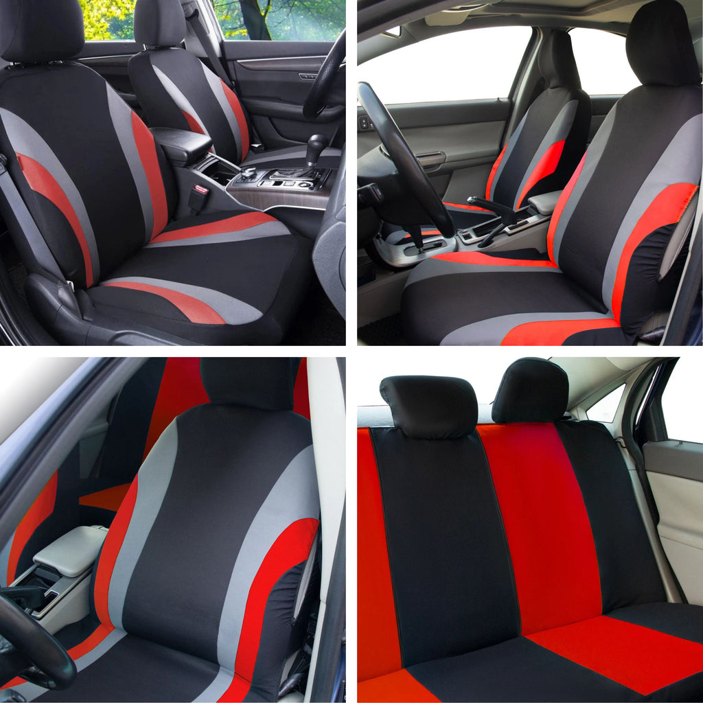 Four-panel collage showing car seat covers installed on a vehicle interior. The set includes front driver and front passenger seats, rear seats, and a close-up of the backrest design.