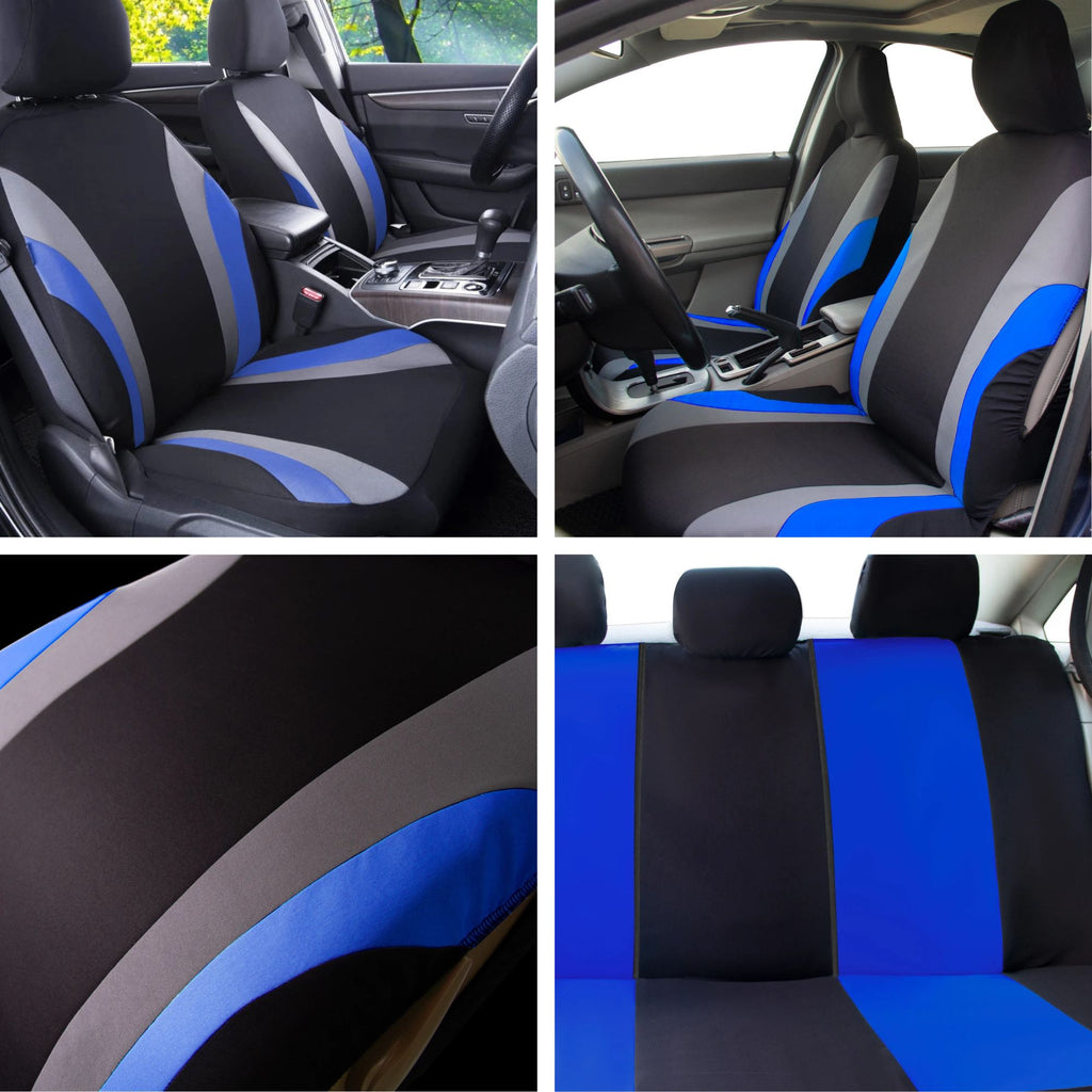 A four-panel collage showing car seat covers installed in a vehicle interior. The set includes front driver and passenger seats, the center console area, a close-up of the fabric pattern, and a rear seat cover view.