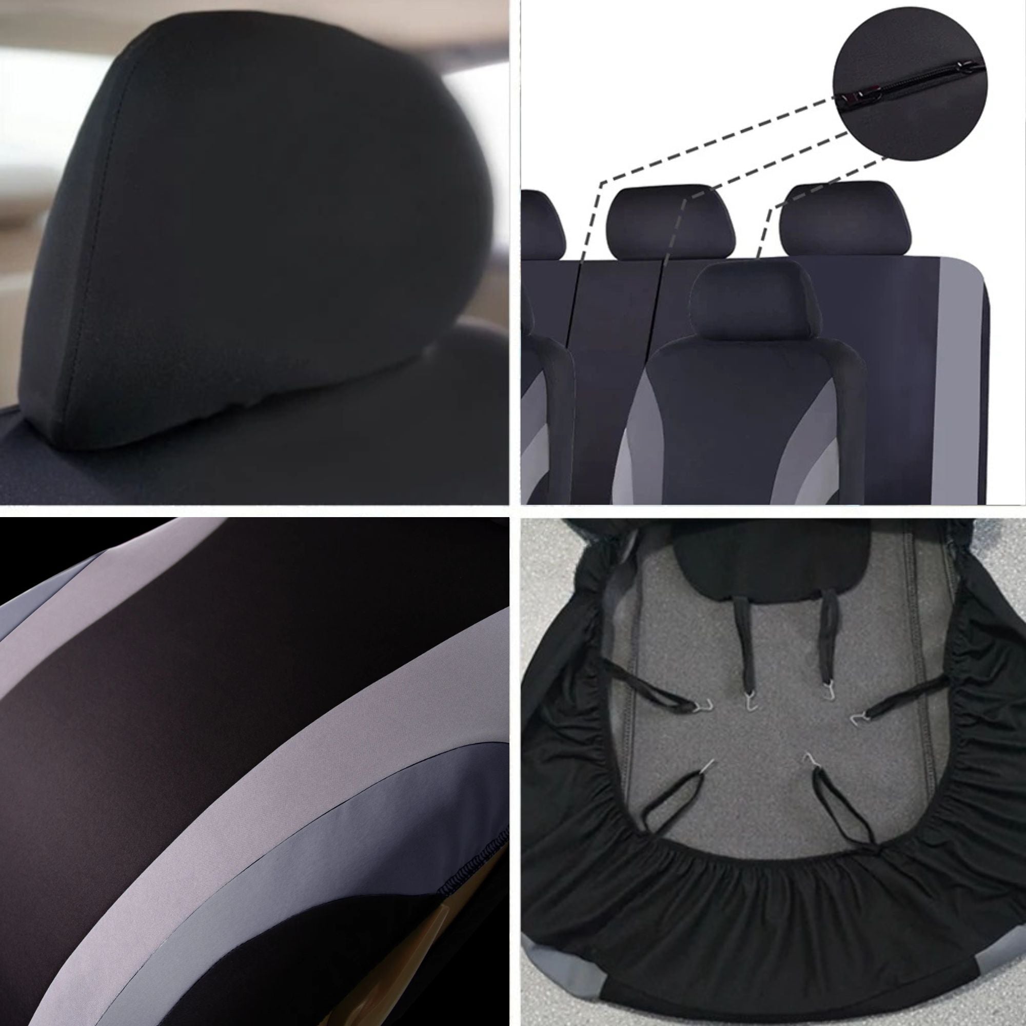 A four-panel collage showing a black car seat cover installed on multiple vehicle seats, with close-up views of the fabric, side panel detail, and the underside with attachment straps.