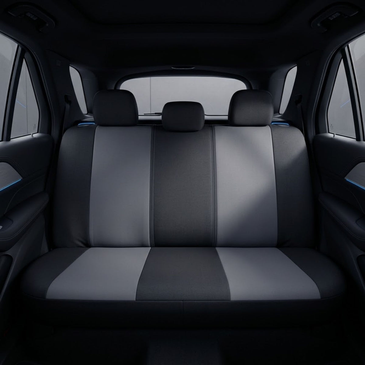 Black and gray car seat covers installed in rear
