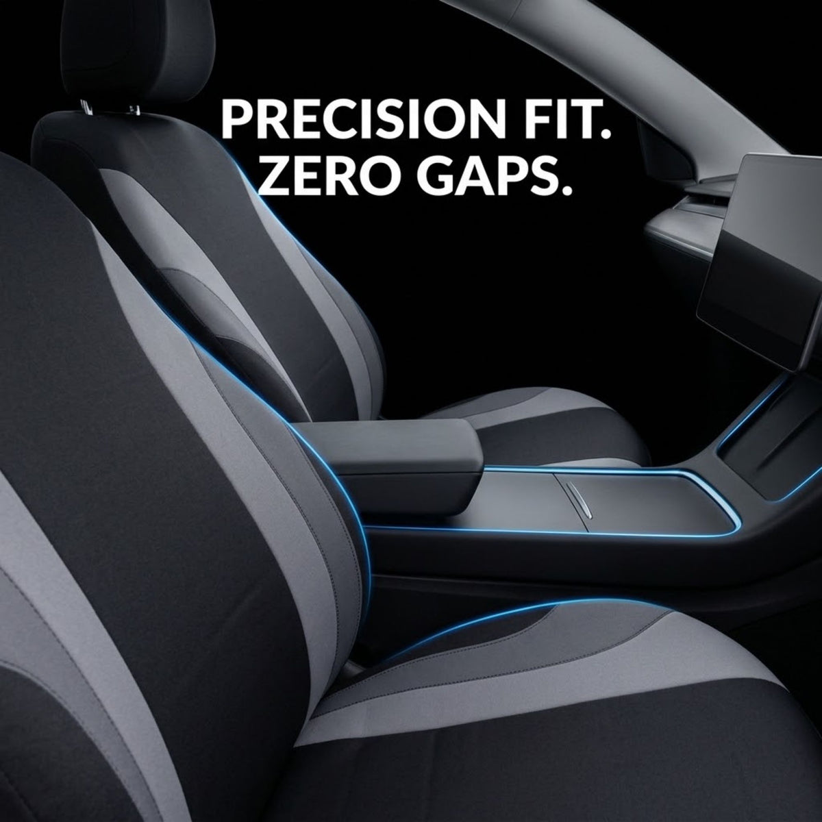 Black and gray car seat covers fitted onto the front seats of a vehicle interior, with blue accent piping along the edges. White text at the top reads 'PRECISION FIT.
