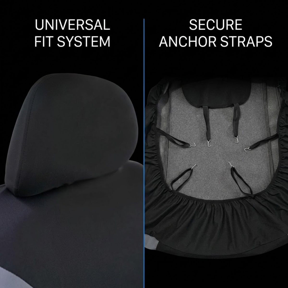 Split-screen product feature image showing a black car seat cover on a headrest on the left under the text 'UNIVERSAL FIT SYSTEM,' and on the right showing the underside with anchor straps and hook-and-loop fastening under the text 'SECURE ANCHOR STRAPS.'.