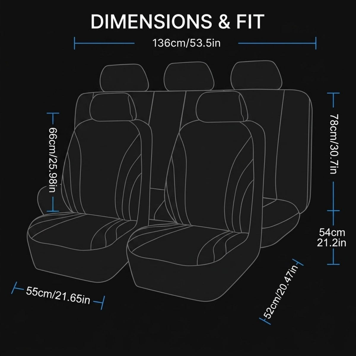 A black diagram showing the dimensions and fit of a three-seat car seat cover set, with white line drawings of the seats and blue measurement labels and text on a black background.