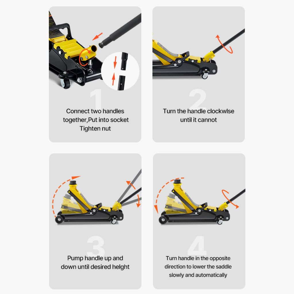 Four step assembly diagram for the Steel Racing Floor Jack handle showing how to connect, twist, pump and lower the jack