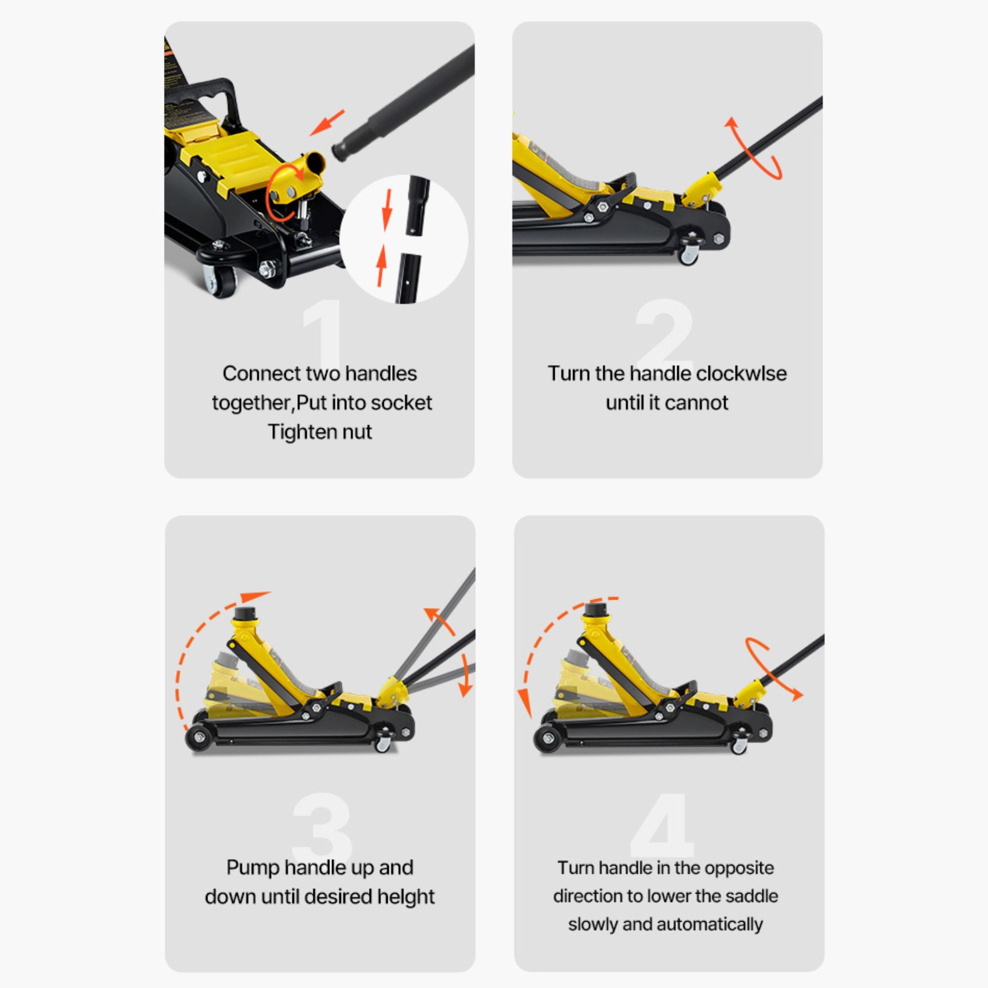 Four step assembly diagram for the Steel Racing Floor Jack handle showing how to connect, twist, pump and lower the jack