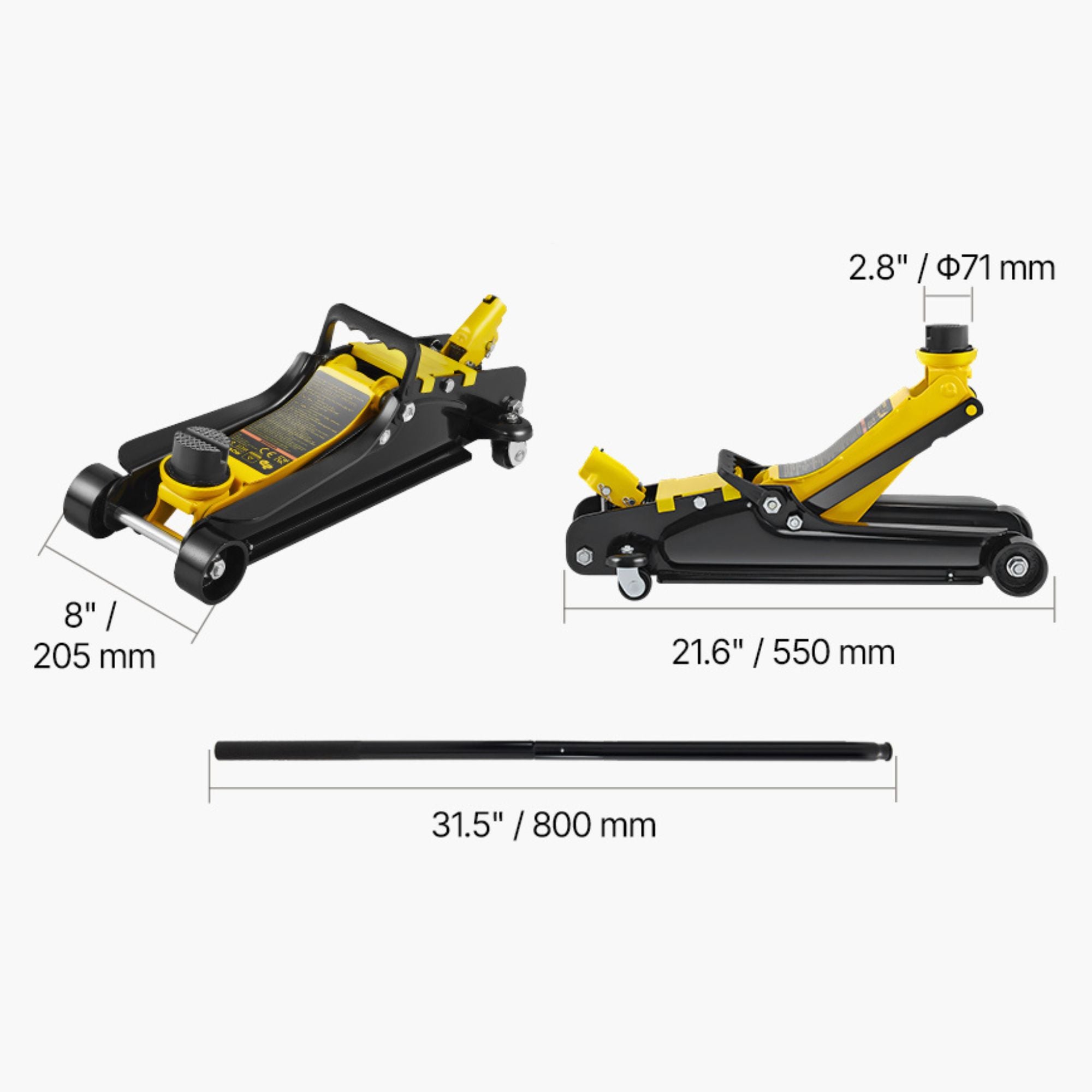 Technical dimension diagram of the Steel Racing Floor Jack showing 800mm length, 550mm width, 205mm minimum height and 71mm saddle height