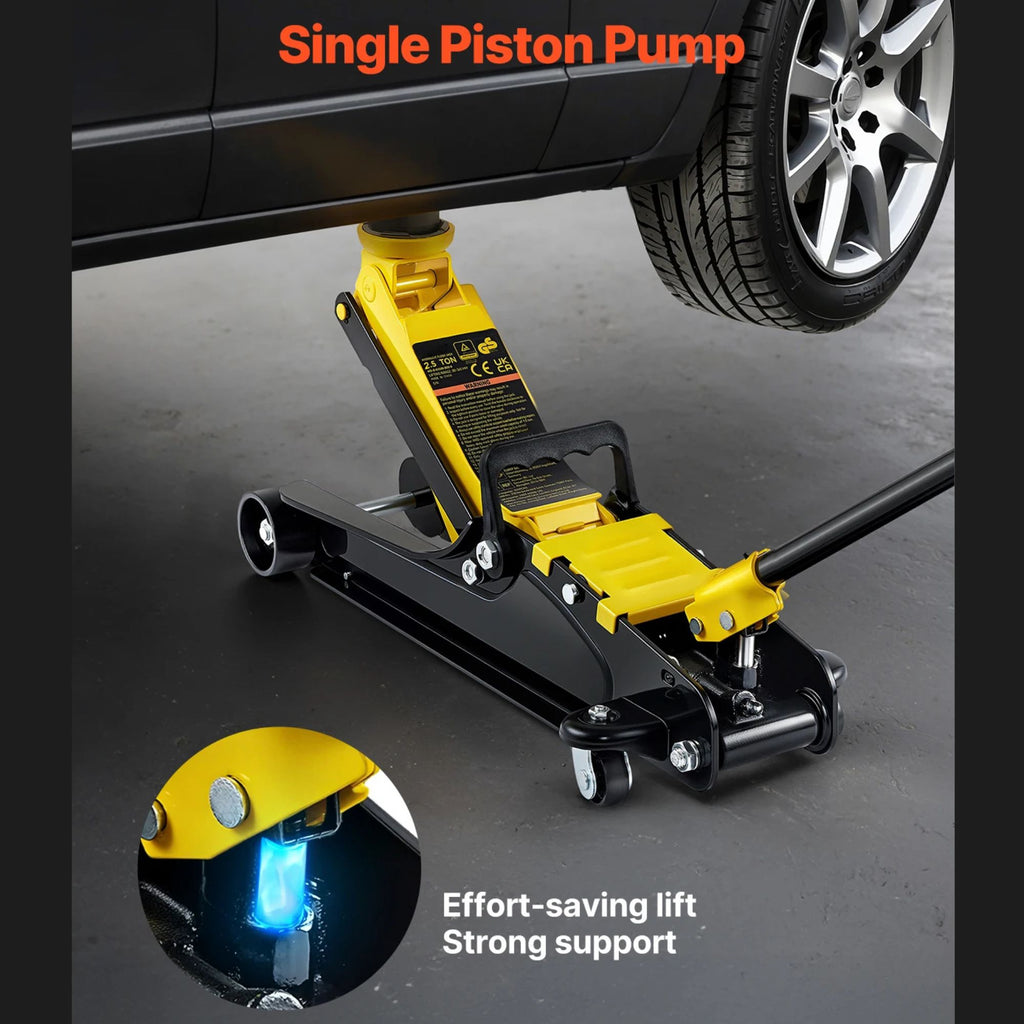 Steel Racing Floor Jack with single piston pump lifting a car wheel in a dark workshop, showing effort-saving strong support