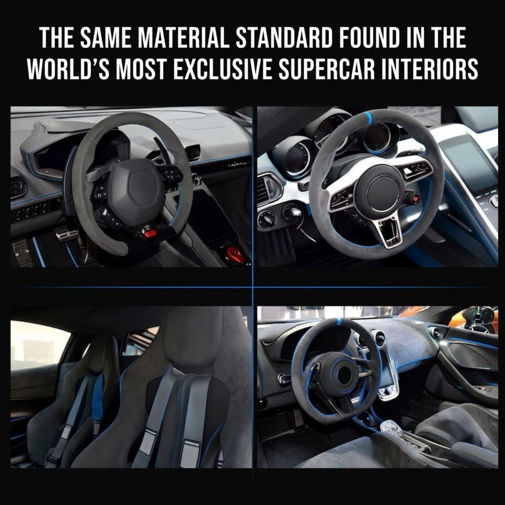 A four-panel collage showing the interior of a sports car, highlighting a dark gray suede-like or leather-like steering wheel cover and matching seat bolsters with blue accent stitching. Large white text at the top reads, 'THE SAME MATERIAL STANDARD FOUND IN THE WORLD'S MOST EXCLUSIVE SUPERCAR INTERIORS.