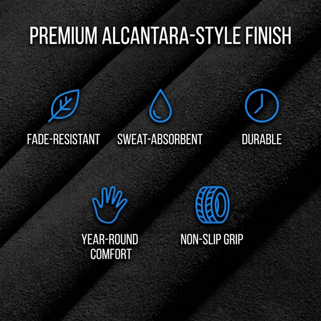 Black textured fabric close-up with diagonal stitched panels and blue line icons and text reading 'PREMIUM ALCANTARA-STYLE FINISH,' plus feature callouts: fade-resistant, sweat-absorbent, durable, year-round comfort, and non-slip grip.