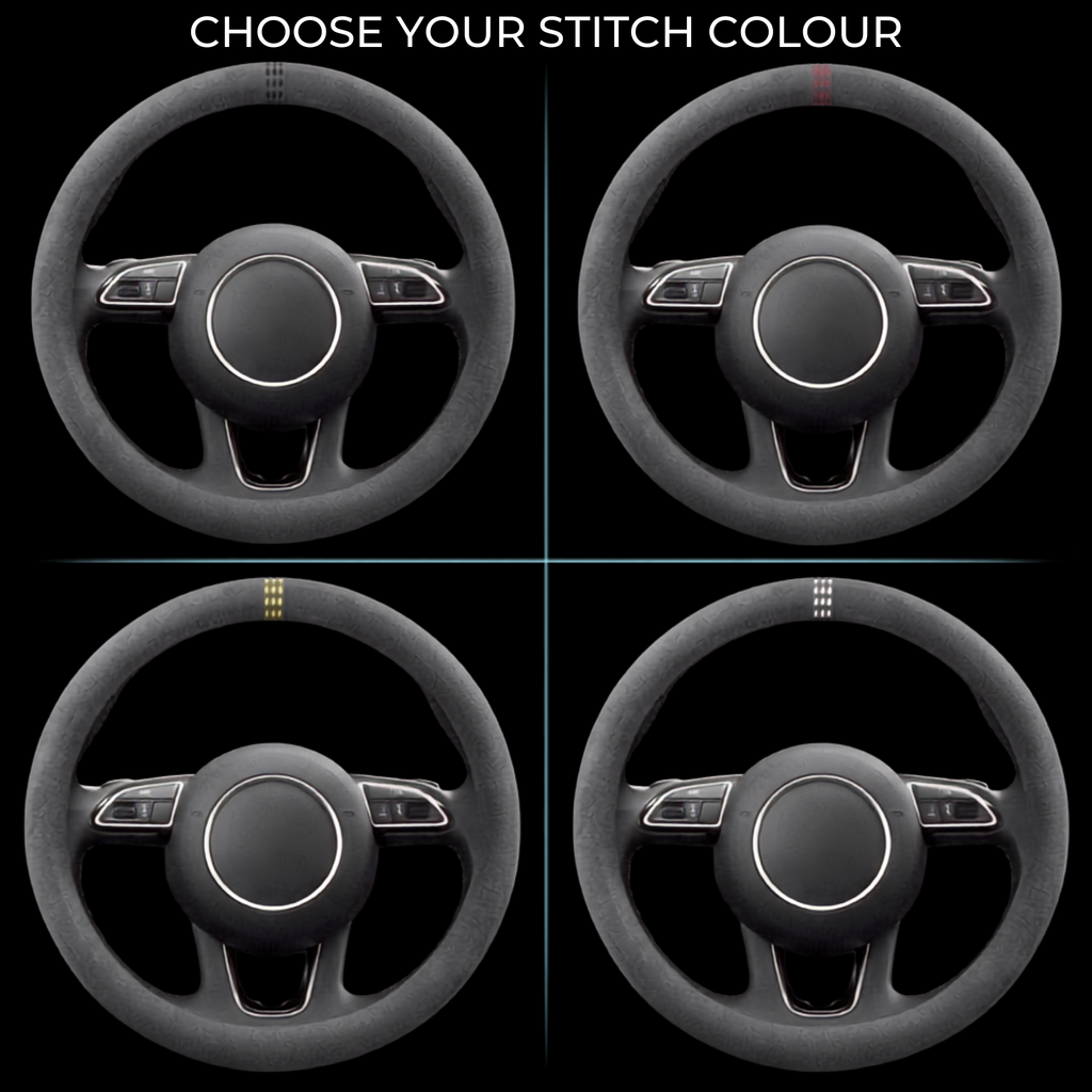 Four views of a black steering wheel cover on a dark background, arranged in a 2x2 grid, with the text 'CHOOSE YOUR STITCH COLOUR' at the top. The top two views show a red stitched accent, and the bottom two show a yellow stitched accent.