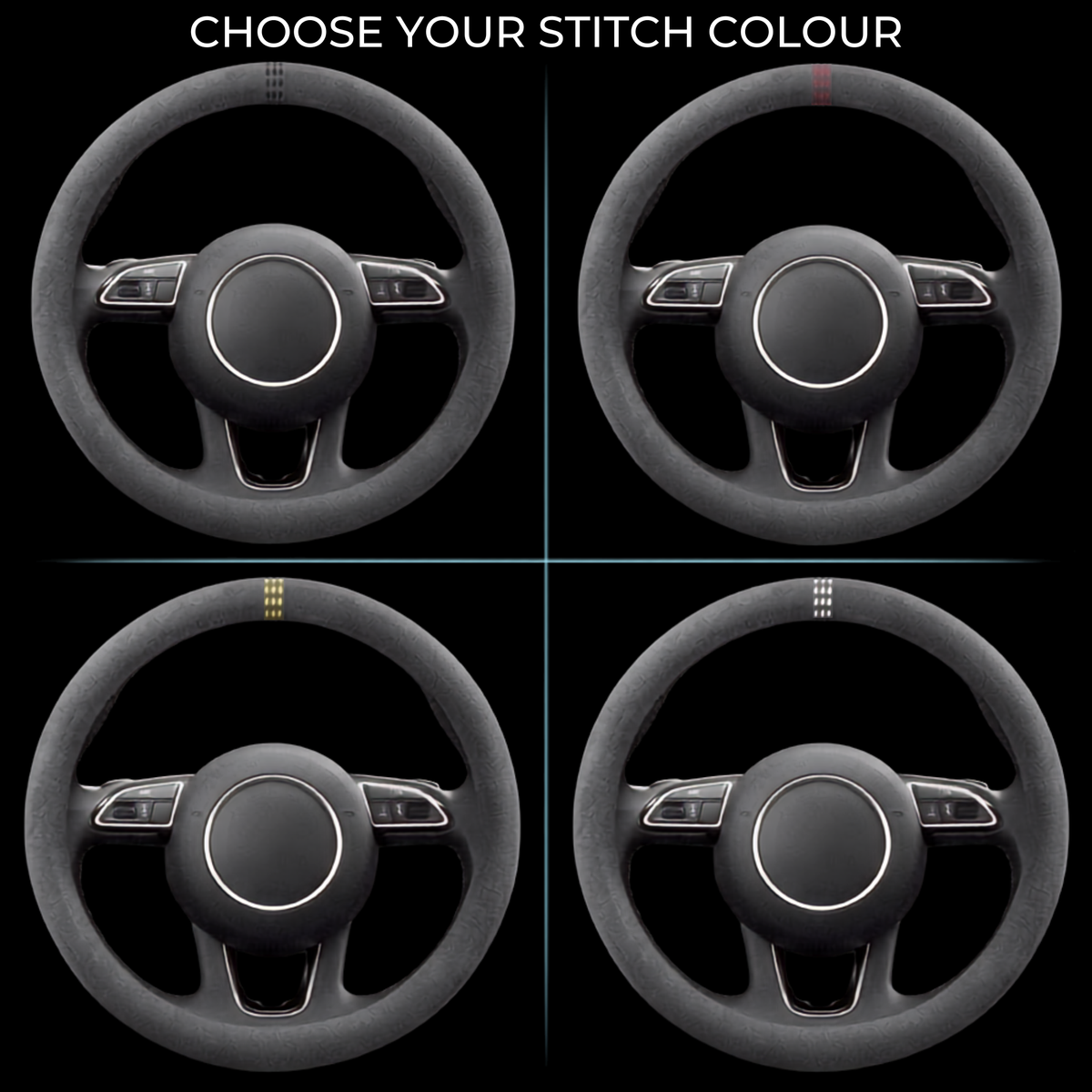 Four views of a black steering wheel cover on a dark background, arranged in a 2x2 grid, with the text 'CHOOSE YOUR STITCH COLOUR' at the top. The top two views show a red stitched accent, and the bottom two show a yellow stitched accent.