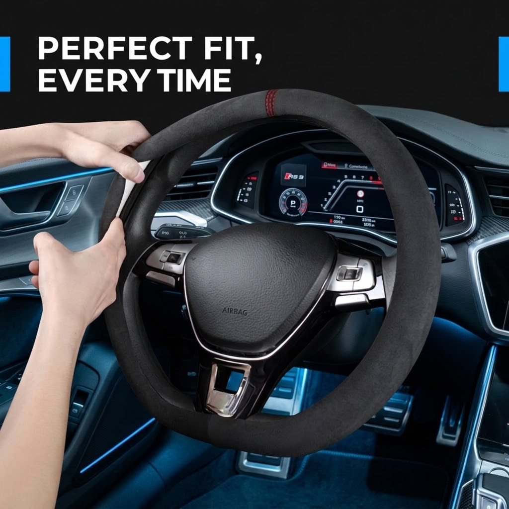 A close-up of a person's hands holding a black suede-like steering wheel cover inside a car cabin, with the text 'PERFECT FIT, EVERY TIME' in the top left corner.