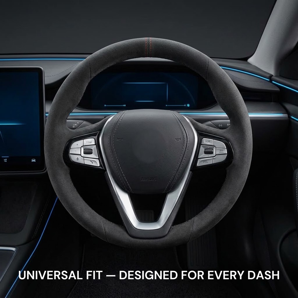 A dark gray suede or microfiber steering wheel wrap installed on a modern car steering wheel, shown in a vehicle interior with blue ambient lighting and a digital dashboard. Text at the bottom reads 'UNIVERSAL FIT — DESIGNED FOR EVERY DASH'.