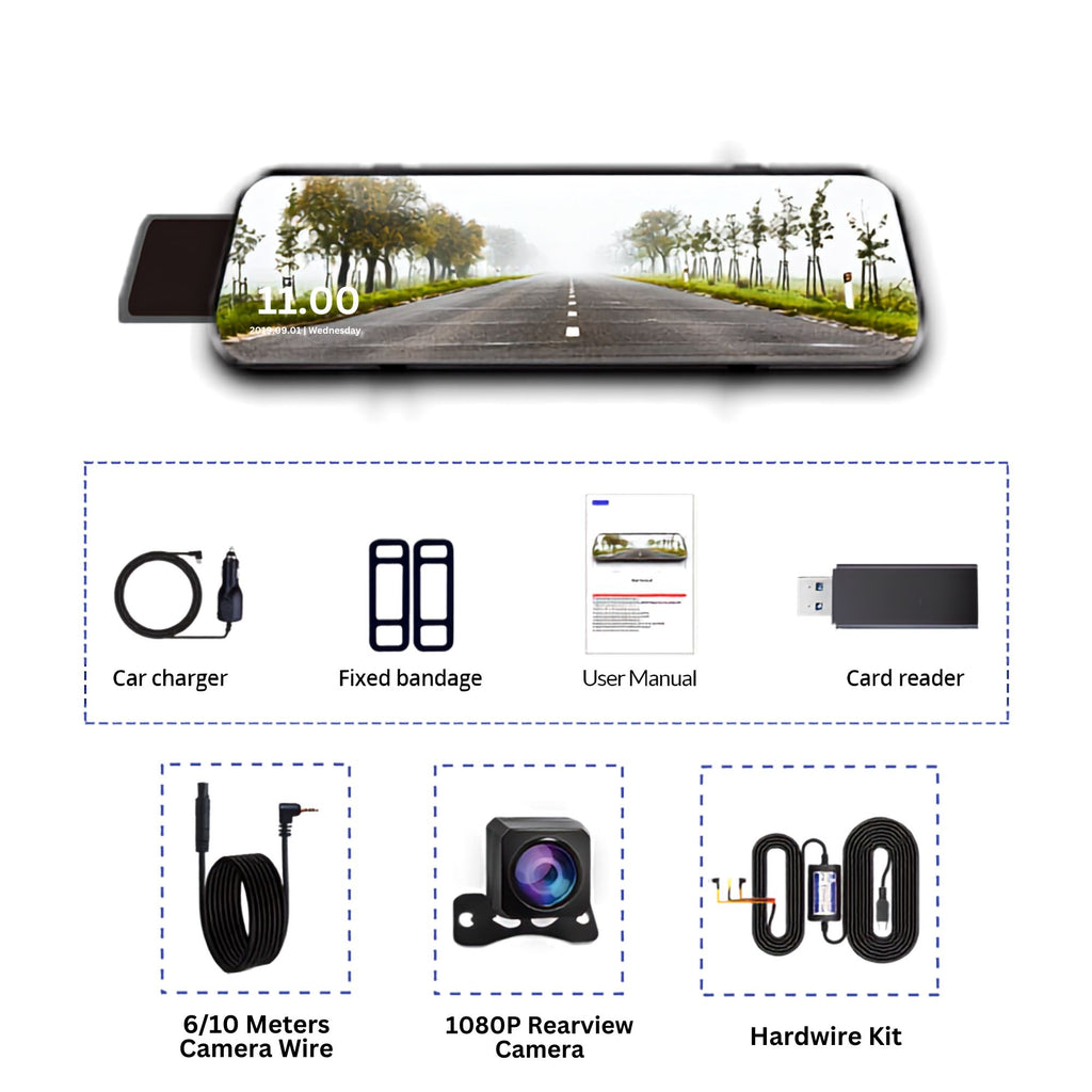 A rearview camera kit for cars shown on a white background, featuring a black rectangular camera module mounted above a road scene display, with accessories listed below: car charger, fixed bandage, user manual, card reader, 6/10 meters camera wire, 1080P rearview camera, and hardware kit.
