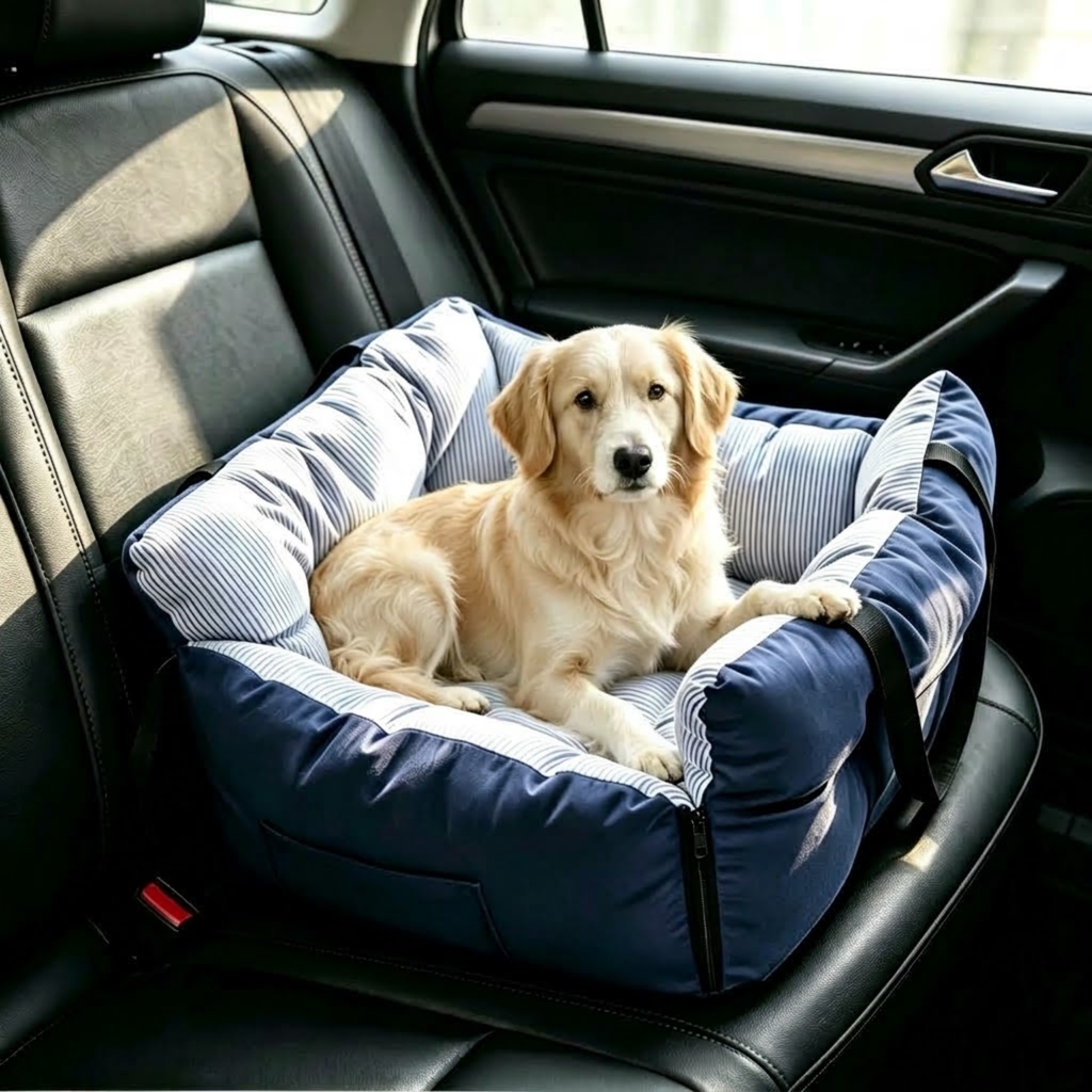 Golden Retriever lying in a navy Striped Pet Car Bed on a black leather car rear seat