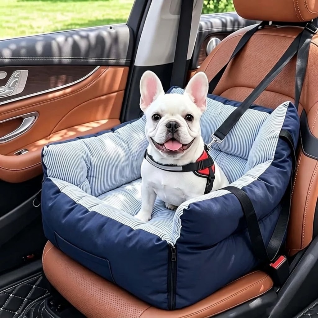 French Bulldog in a harness sitting in a navy Striped Pet Car Bed on a tan leather car front seat