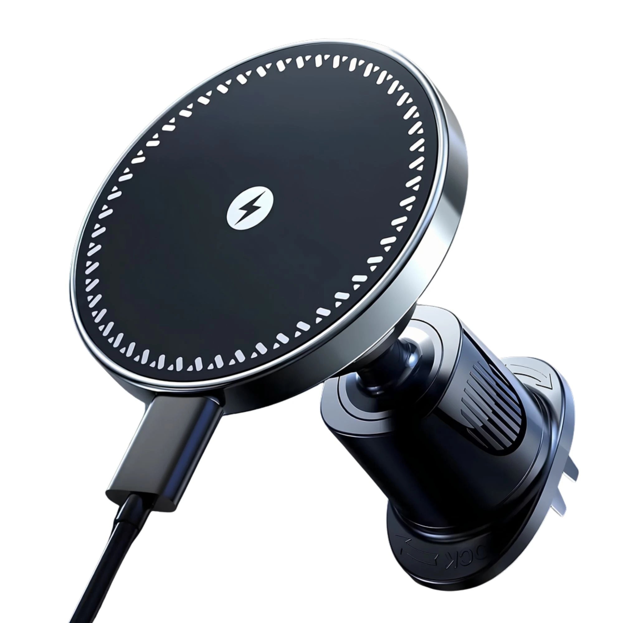 Magnetic Wireless Car Charger mounted on car air vent with smartphone attached, clean white background
