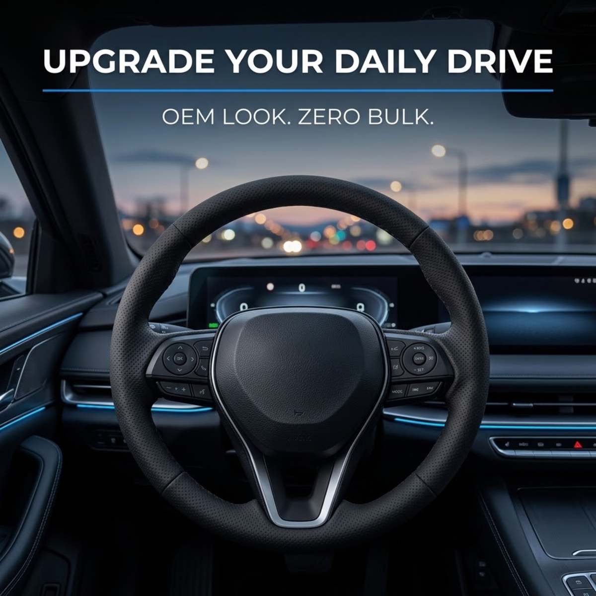 Black Ultra-Thin Suede Steering Cover fitted to a car steering wheel with city lights through the windscreen at dusk