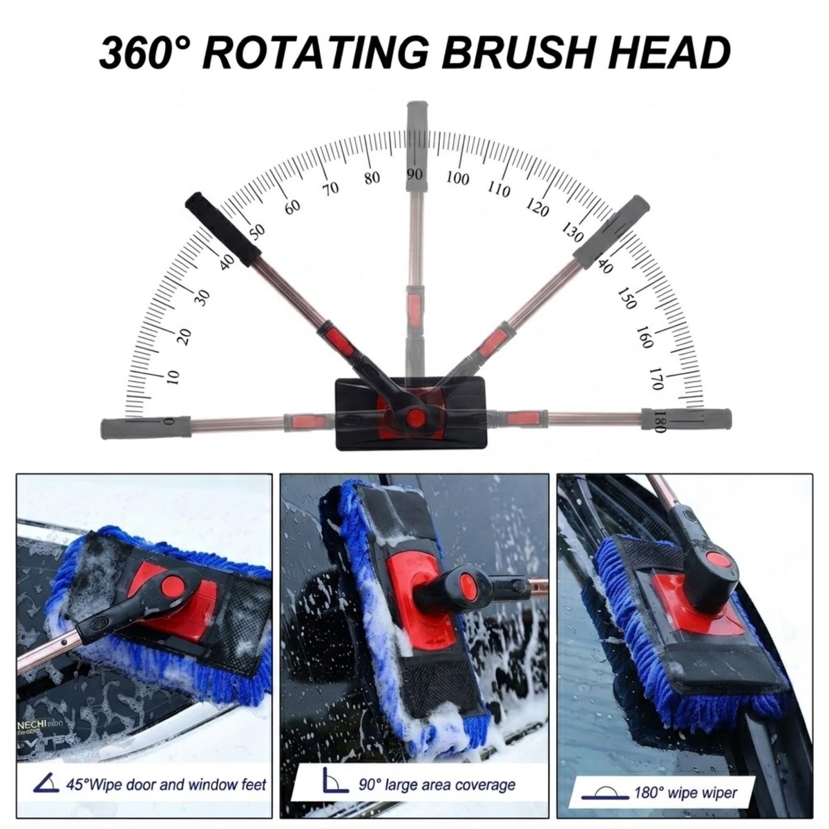 Swivel Chenille Wash Mop Kit 360-degree rotating brush head shown at multiple angles for washing doors, roof and windows