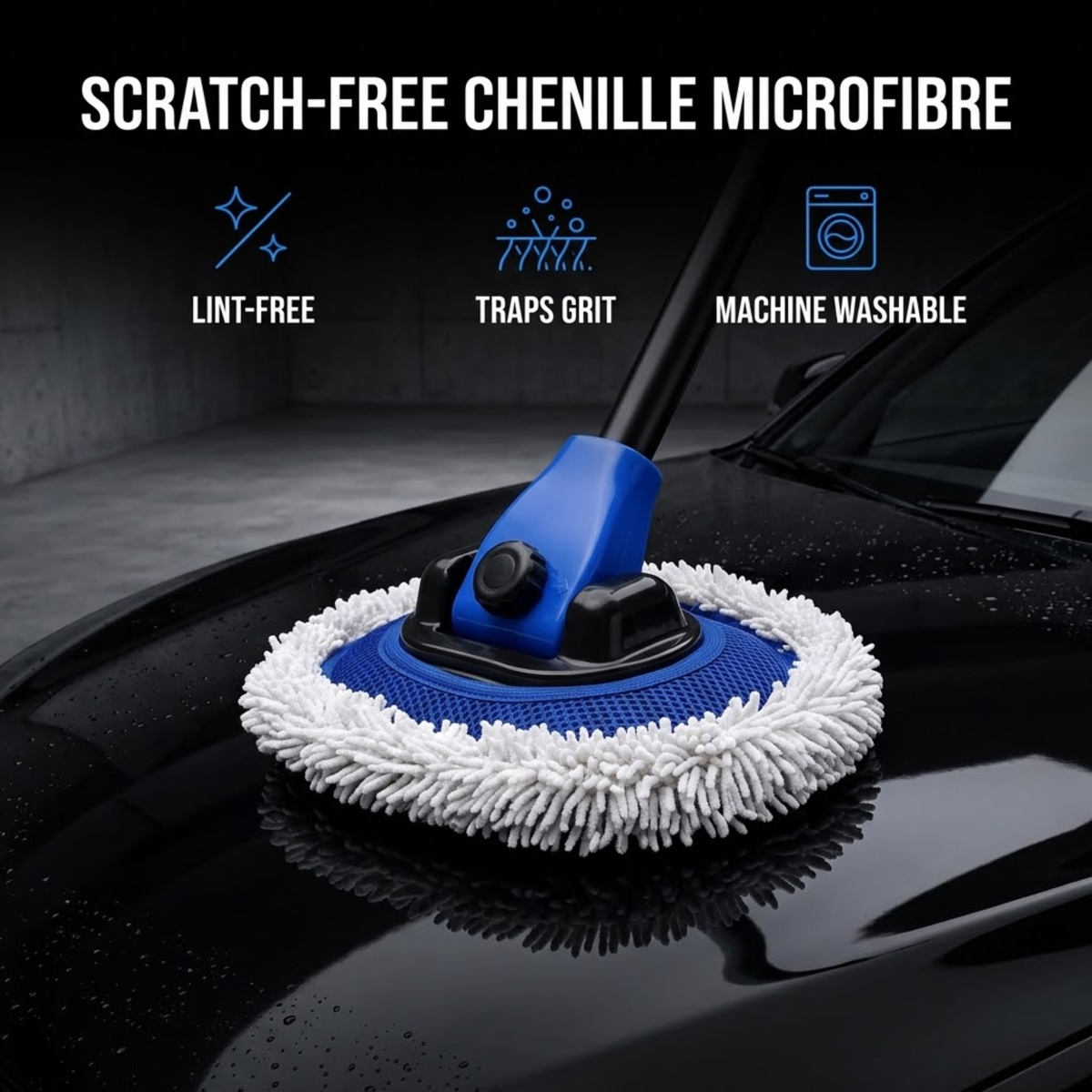 Close-up of Telescopic Chenille Wash Brush microfibre head on wet black car paint, lint-free and machine washable