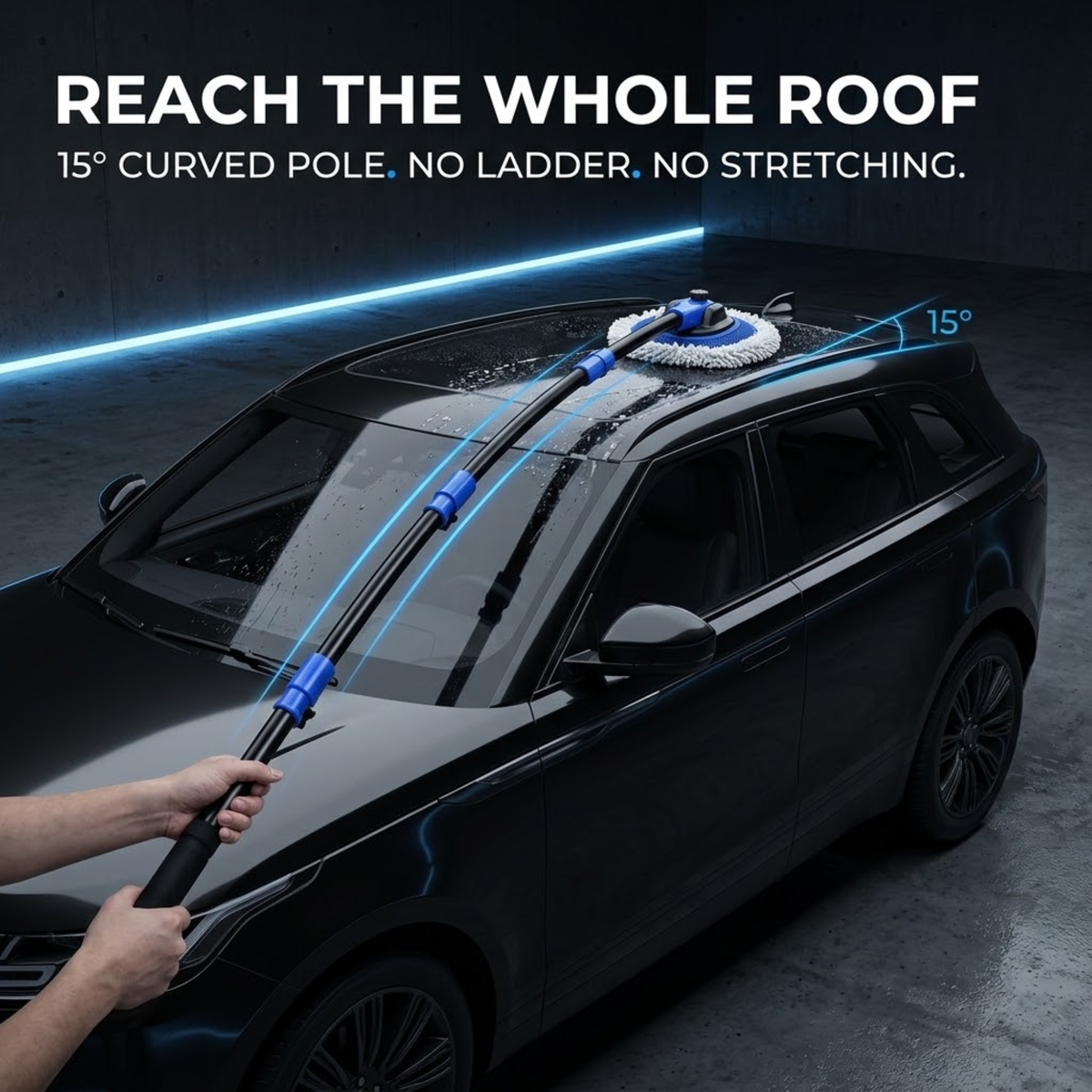 Telescopic Chenille Wash Brush with 15 degree curved pole washing the roof of a black SUV without a ladder