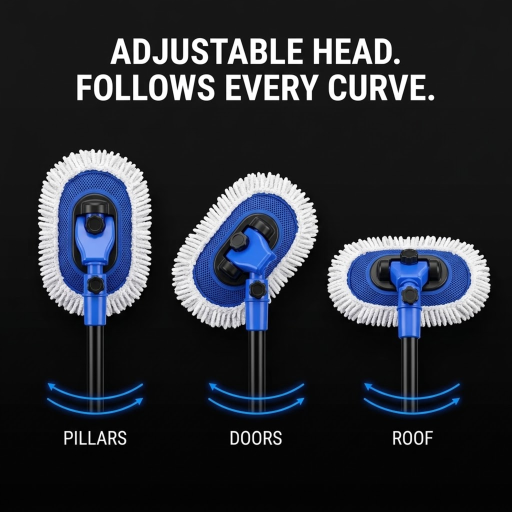 Telescopic Chenille Wash Brush adjustable head shown at three angles for cleaning pillars, doors and roof