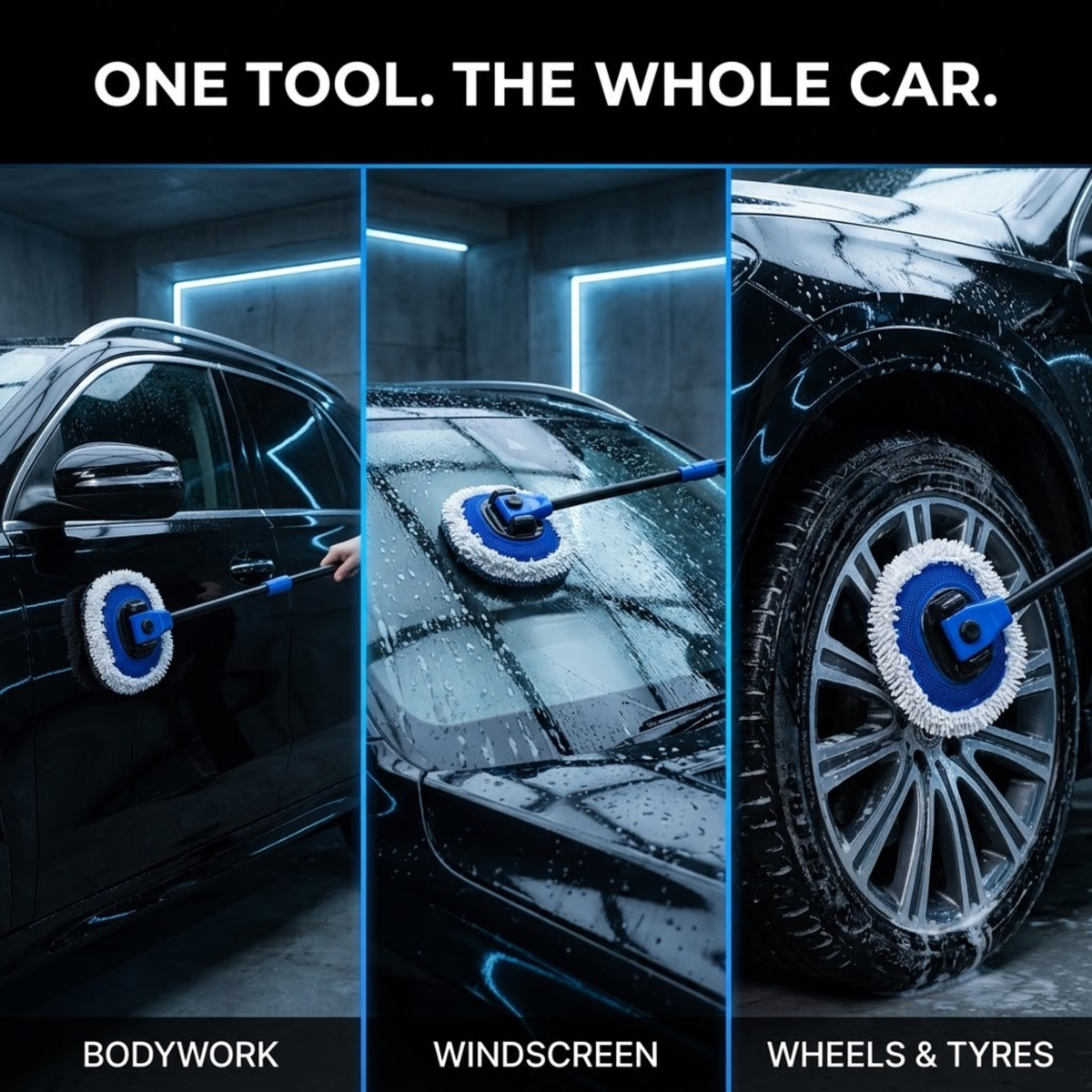 Telescopic Chenille Wash Brush cleaning car bodywork, windscreen and wheels and tyres in three side-by-side photos