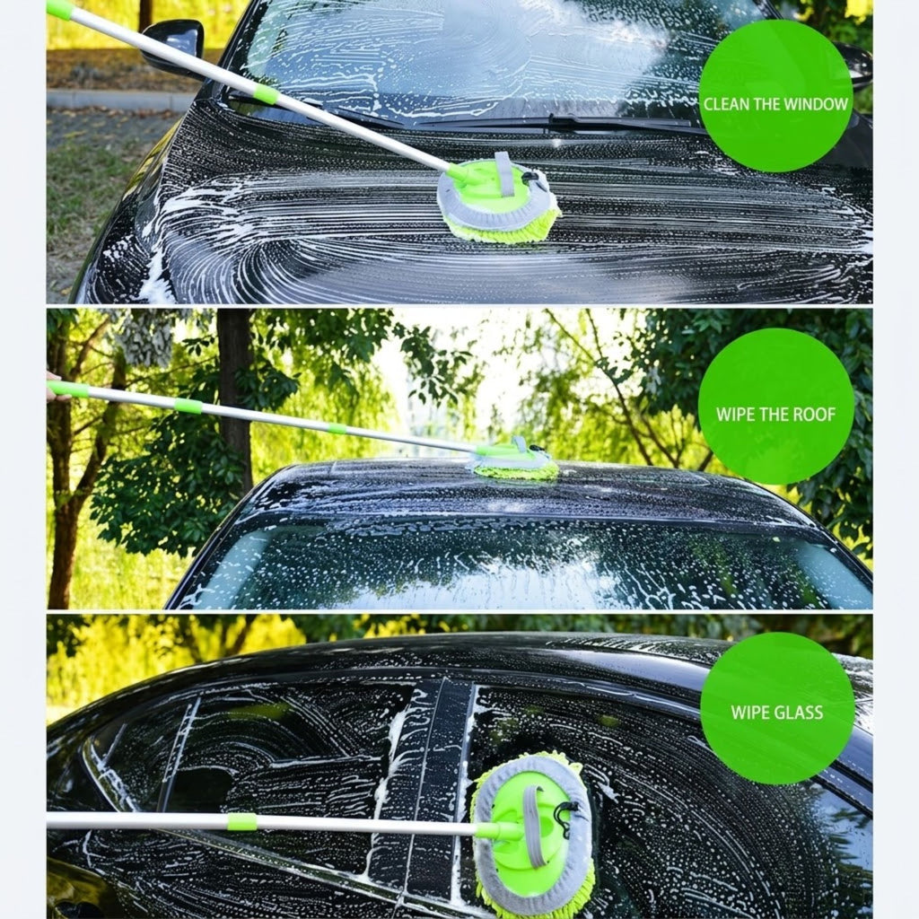 A three-panel demonstration of a long-handled car window and roof cleaning brush with a green and gray scrubber head. The top panel shows the brush cleaning a soapy car window, labeled 'CLEAN THE WINDOW.