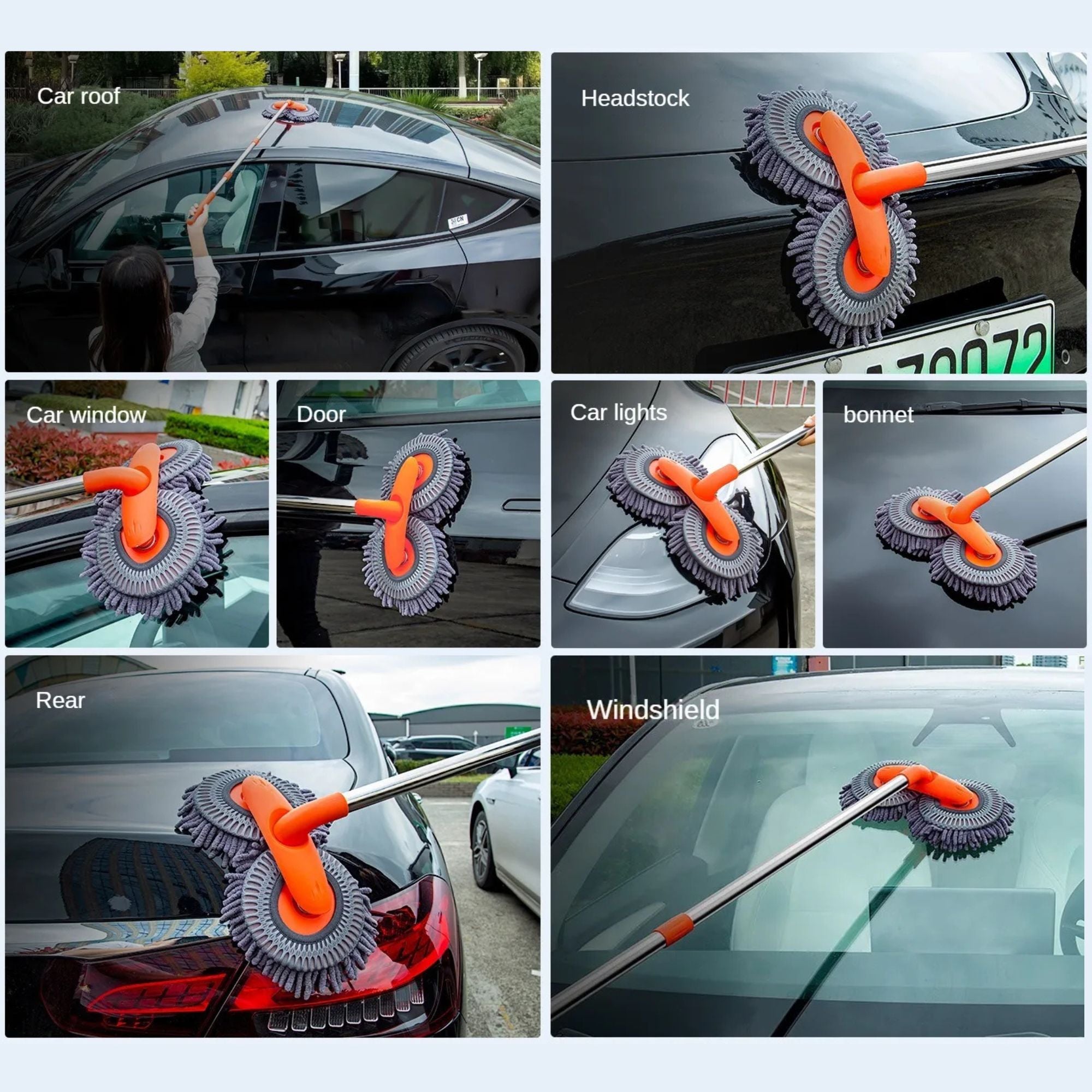 Collage showing the Telescopic Car Wash Mop cleaning a car's roof, headstock, window, door, lights, bonnet, rear and windshield