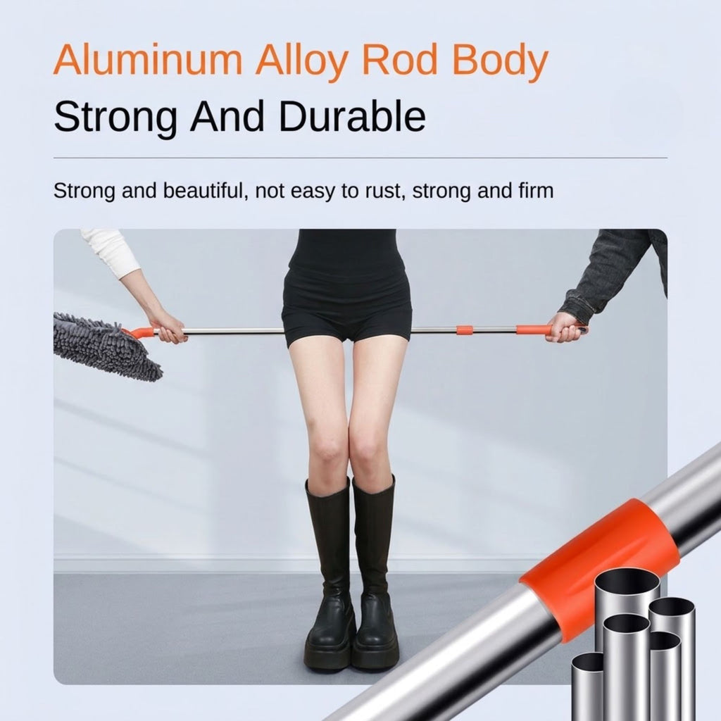 Aluminium alloy rod strength demonstration for the Telescopic Car Wash Mop, showing two people pulling the extended pole taut across a woman's legs, plus a close-up of the rod's tube sections