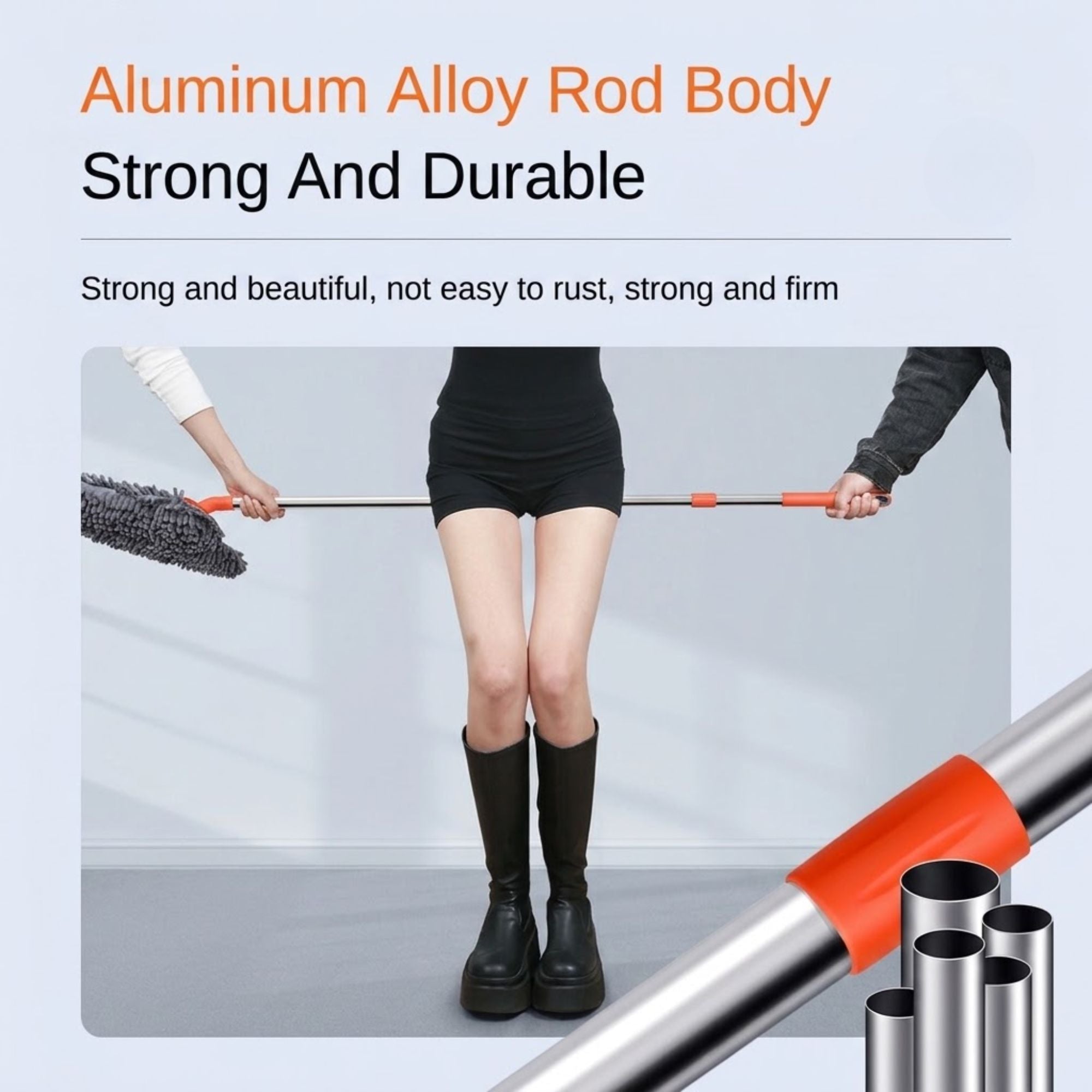 Aluminium alloy rod strength demonstration for the Telescopic Car Wash Mop, showing two people pulling the extended pole taut across a woman's legs, plus a close-up of the rod's tube sections