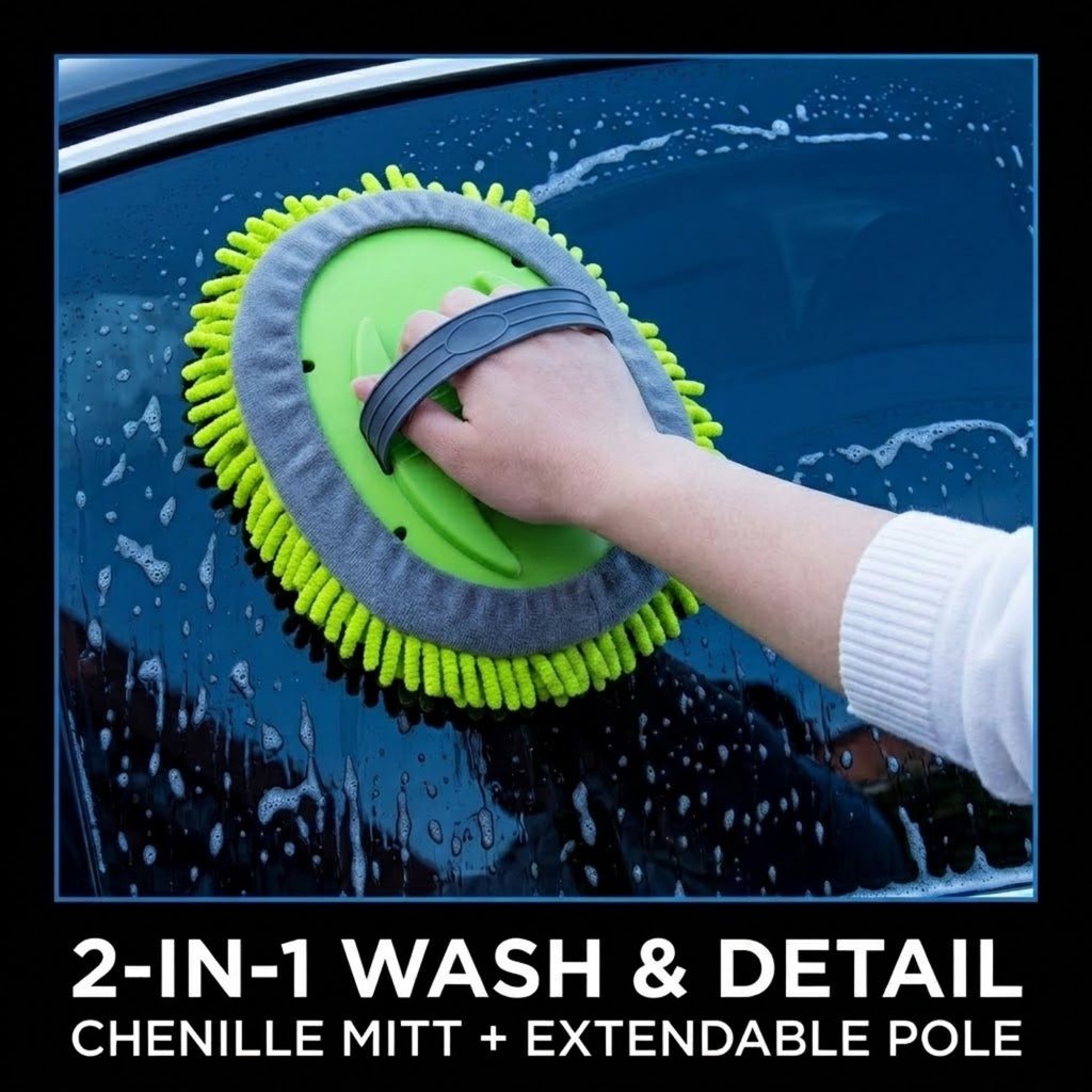 A hand using a green and gray chenille mitt with an extendable pole to wash a wet blue car window. Text at the bottom reads '2-IN-1 WASH & DETAIL CHENILLE MITT + EXTENDABLE POLE'.