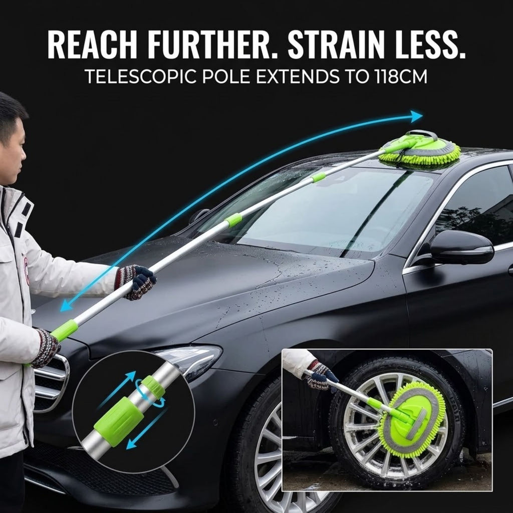 A man uses a long telescopic car wash pole to clean the front hood of a black car, with text reading 'REACH FURTHER. STRAIN LESS.