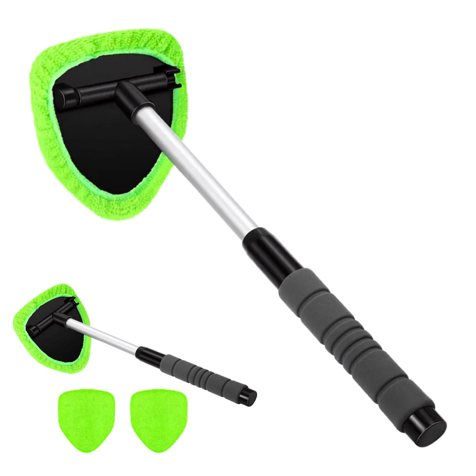 Telescopic car window cleaning brush with swivel microfibre head and two spare pads on a white background