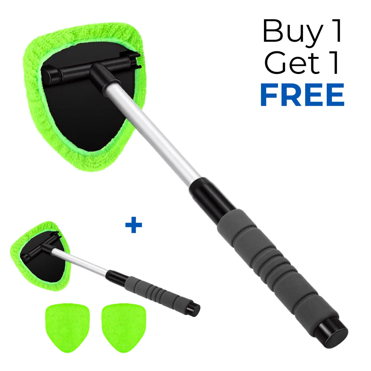 Extendable car wash mitt pole with a bright green microfiber wash pad, black and silver handle, and two extra green wash pads. Text on the image reads 'Buy 1 Get 1 FREE'.