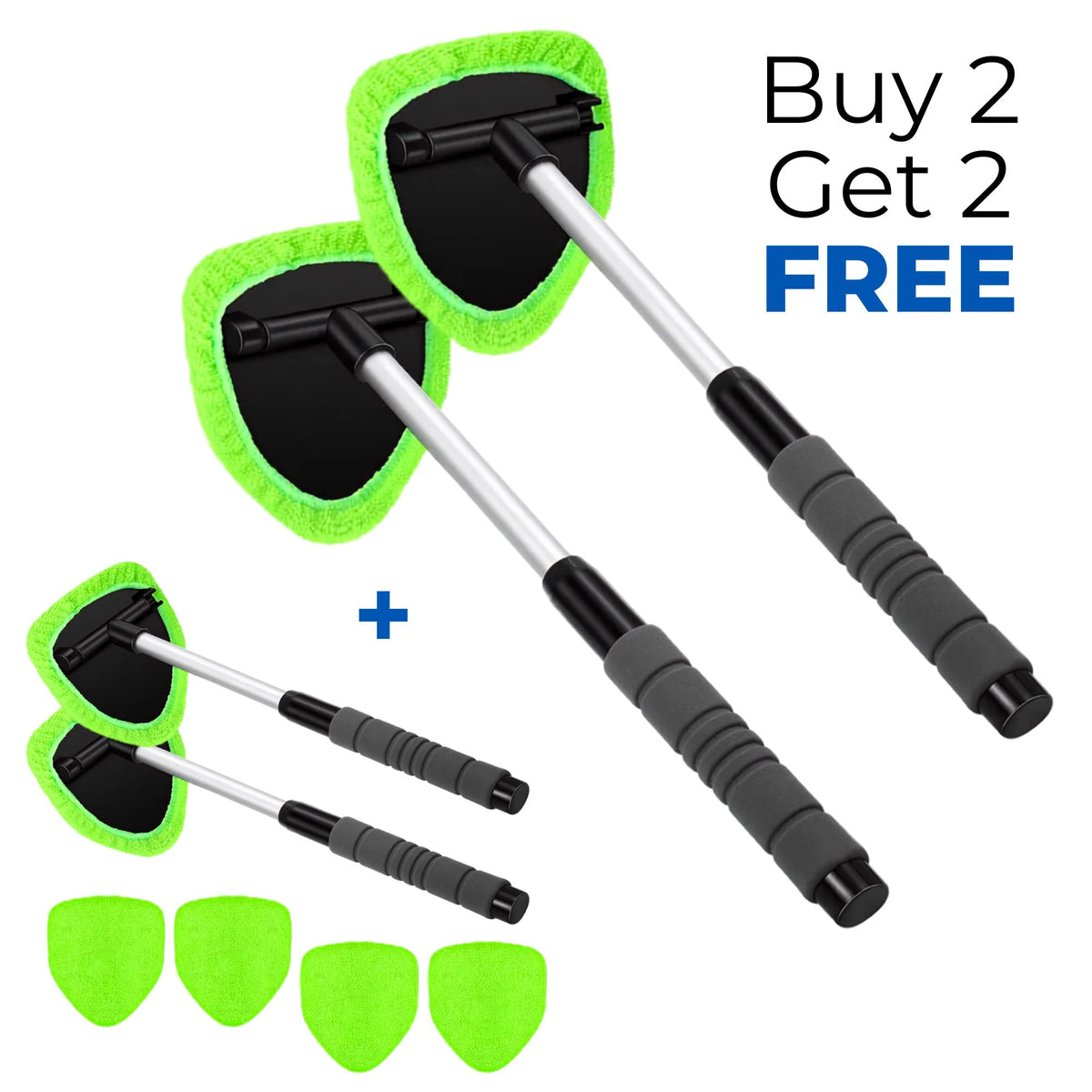 Two long-handled microfiber duster pads with bright green and black cleaning heads, shown alongside two additional duster heads, four green microfiber pads, and promotional text reading 'Buy 2 Get 2 FREE' on a white background.