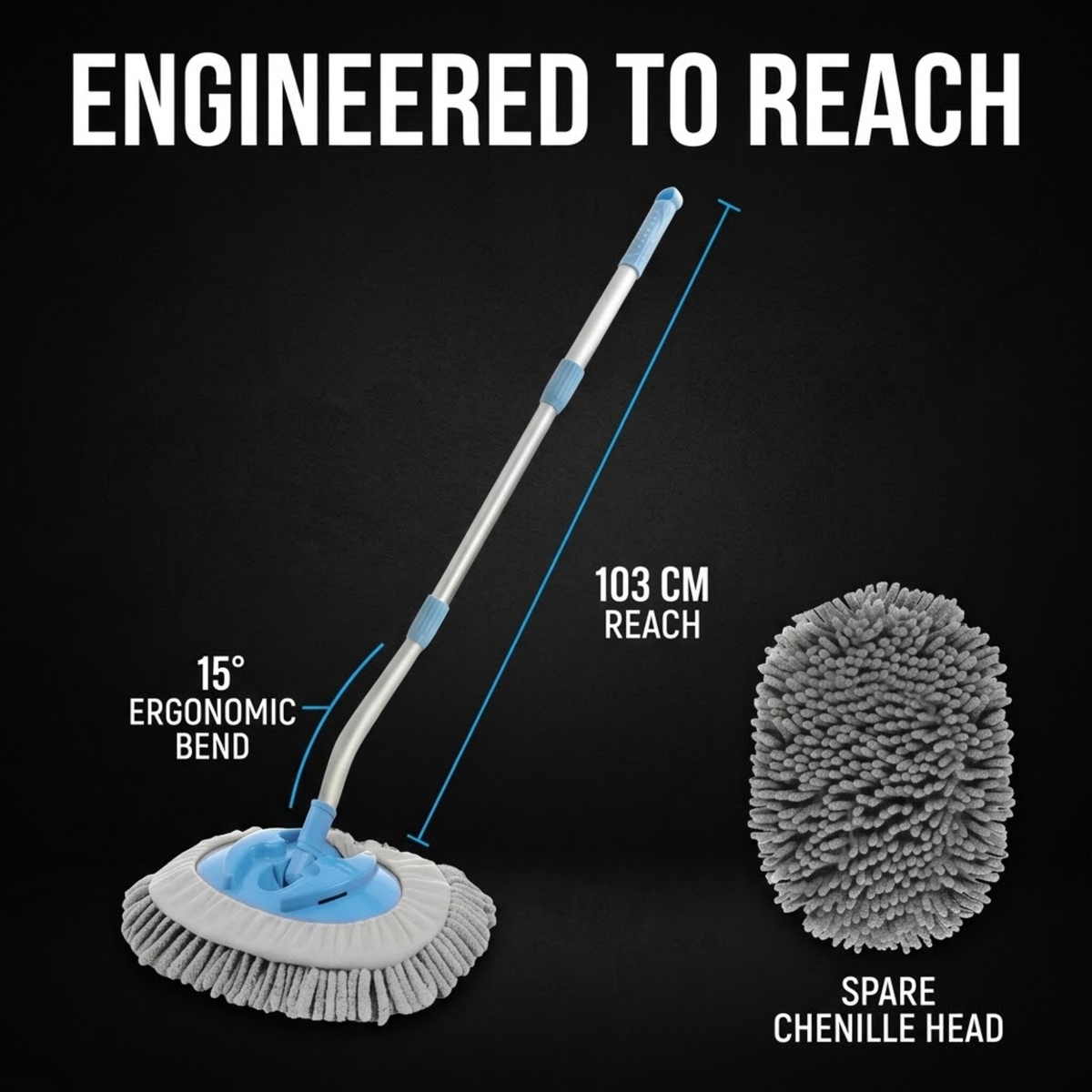 Curved Chenille Wash Mop with 15 degree ergonomic bend, 103 cm reach and spare chenille head