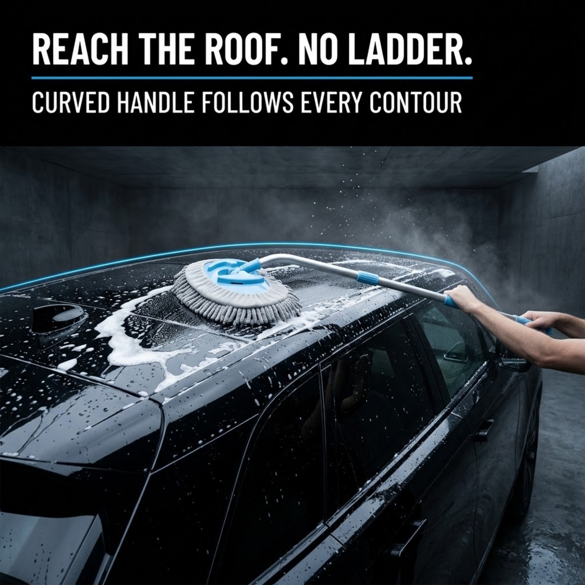 Curved Chenille Wash Mop with long curved handle washing the soapy roof of a black car without a ladder