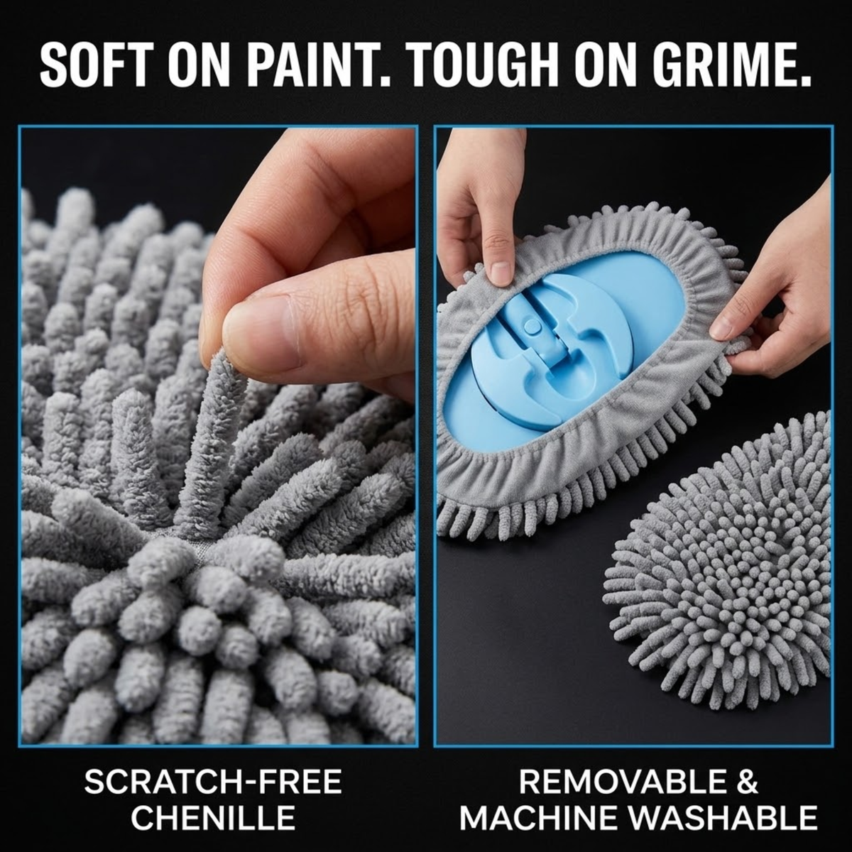 Close-up of grey Curved Chenille Wash Mop microfibre strands and removable, machine washable chenille pad