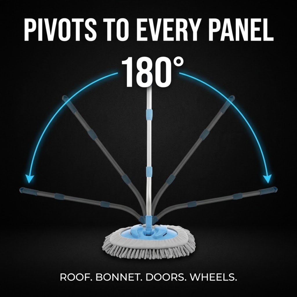 Curved Chenille Wash Mop head pivoting through 180 degrees to clean the roof, bonnet, doors and wheels