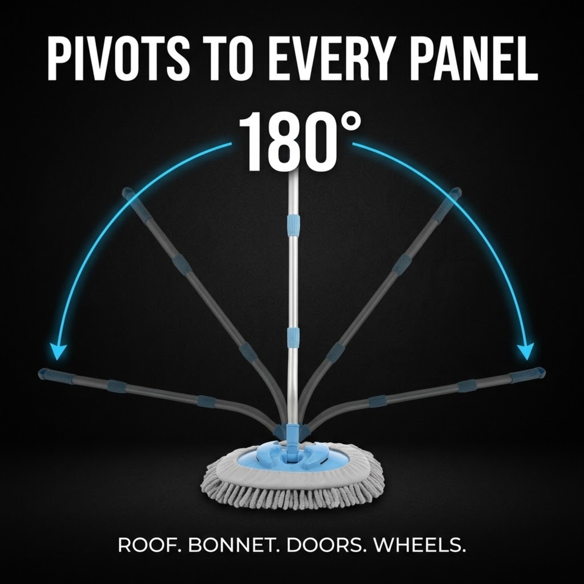 Curved Chenille Wash Mop head pivoting through 180 degrees to clean the roof, bonnet, doors and wheels